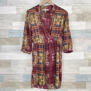 Forever21 Aztec Faux Wrap Cinch Waist Dress Red Orange Casual Womens Small